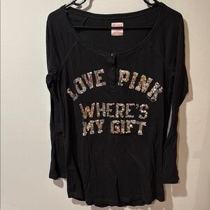 Y2K Victoria Secrets Love Pink Black Long Sleeve Shirt with Sequins sleep shirt
